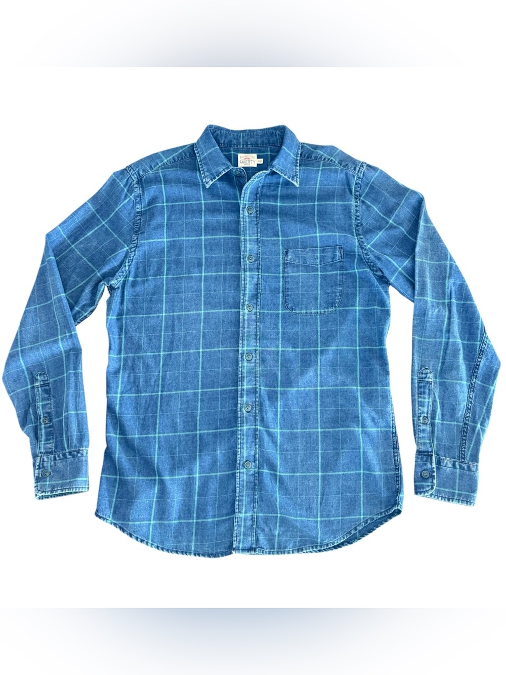Mens Faherty Slim Fit Blue Turquoise Windowpane Button-Down Cotton Shirt Size M